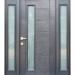 FIBERGLASS GREY STAINED ENTRY DOOR WITH ONE OR TWO SIDELIGHTES